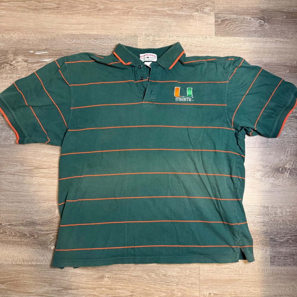 Boca Classics Miami Hurricanes Polo Shirt Mens XL Green Orange Striped Cotton